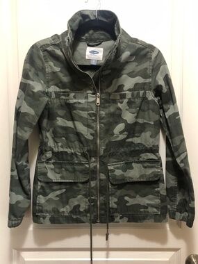XS Womens camo jacket cotton 4 pockets drawstring waist zip front